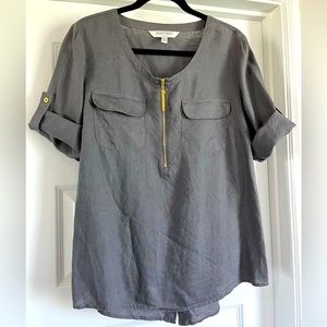 Grey linen short sleeve blouse with optional roll sleeves and zip front.